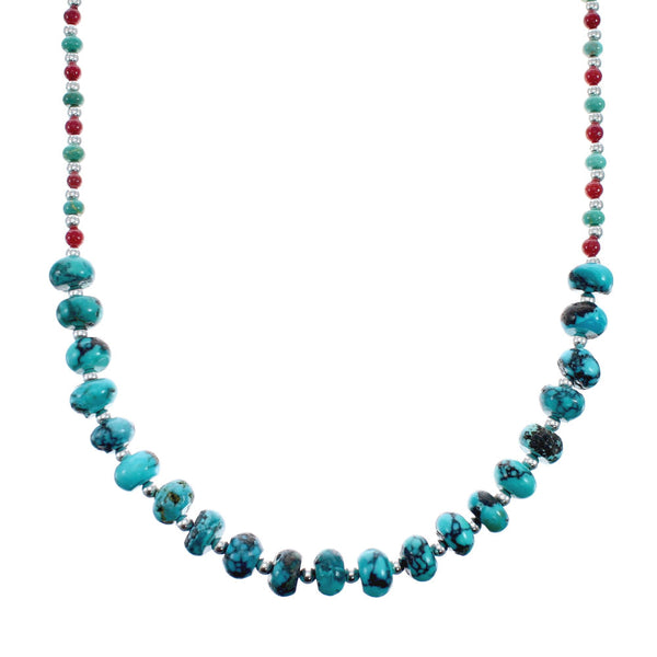 Turquoise Coral Sterling Silver Native American Bead Necklace AX128036