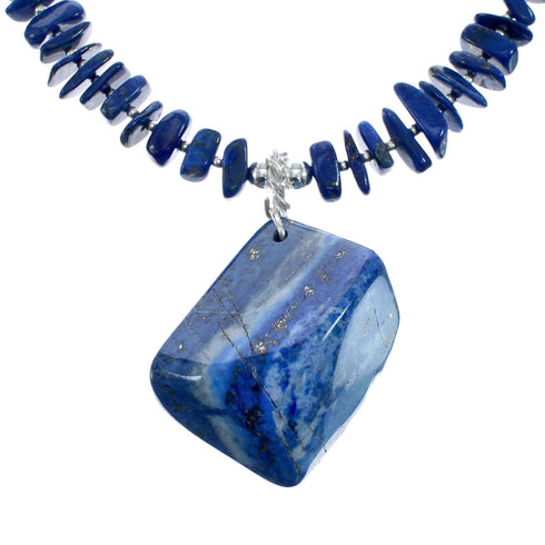 Native American Sterling Silver Lapis Bead Necklace with Pendant AX128052