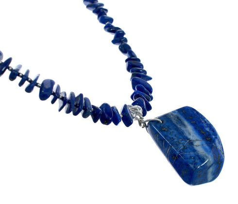 Native American Sterling Silver Lapis Bead Necklace with Pendant AX128052