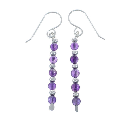Native American Amethyst Sterling Silver Bead Hook Dangle Earrings AX128074