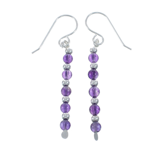 Native American Amethyst Sterling Silver Bead Hook Dangle Earrings AX128074