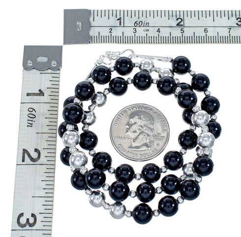 Native American Onyx Sterling Silver Bead Necklace AX128070