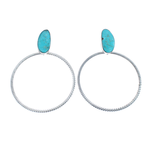 Navajo Turquoise Sterling Silver Post Dangle Earrings AX128164