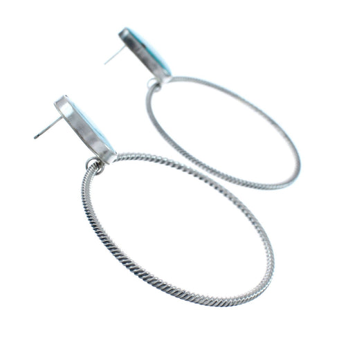 Navajo Turquoise Sterling Silver Post Dangle Earrings AX128164