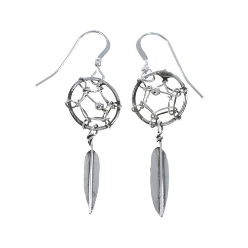 Navajo Sterling Silver Dream Catcher Feather Hook Dangle Earrings AX128171