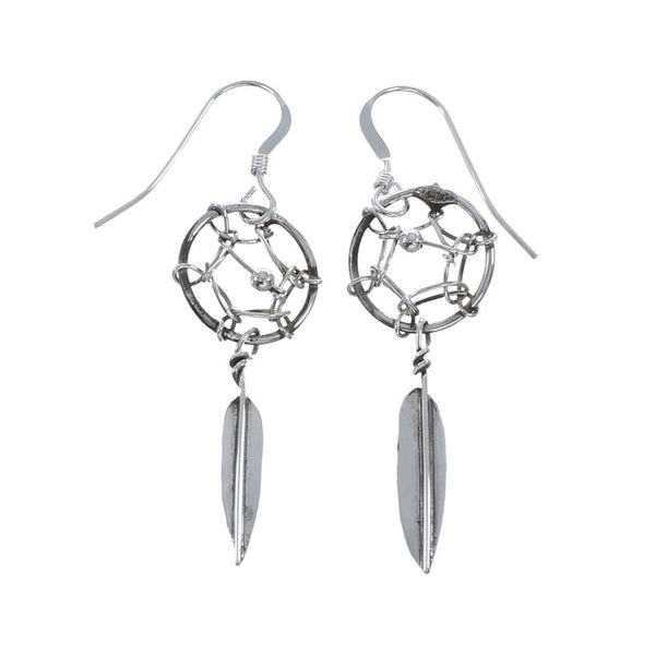 Navajo Sterling Silver Dream Catcher Feather Hook Dangle Earrings AX128171