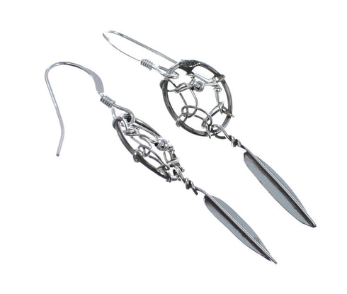 Navajo Sterling Silver Dream Catcher Feather Hook Dangle Earrings AX128171