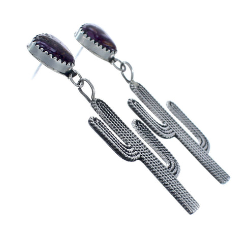 Native American Sterling Silver Purple Oyster Shell Cactus Post Dangle Earrings AX128182