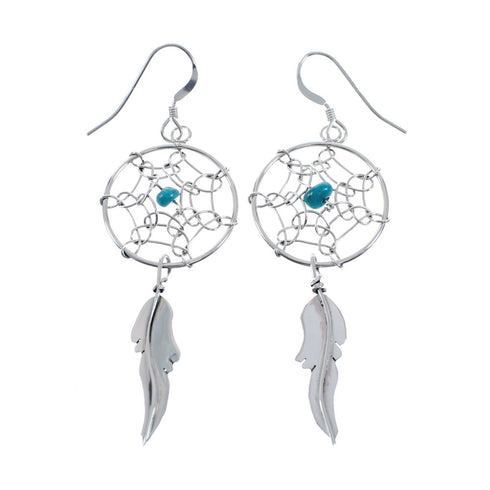 Turquoise Genuine Sterling Silver Navajo Dream Catcher Feather Hook Dangle Earrings JX128438