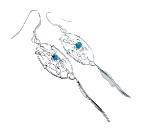 Turquoise Genuine Sterling Silver Navajo Dream Catcher Feather Hook Dangle Earrings JX128438