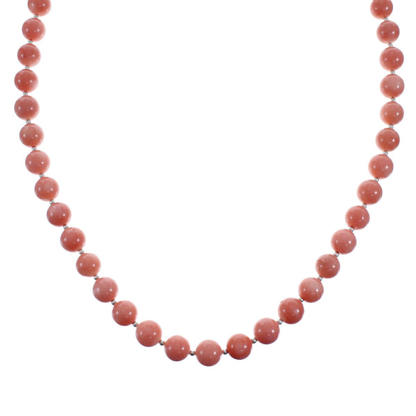 Pink Coral Genuine Sterling Silver Navajo Bead Necklace AX128211