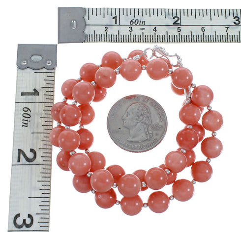 Pink Coral Genuine Sterling Silver Navajo Bead Necklace AX128211