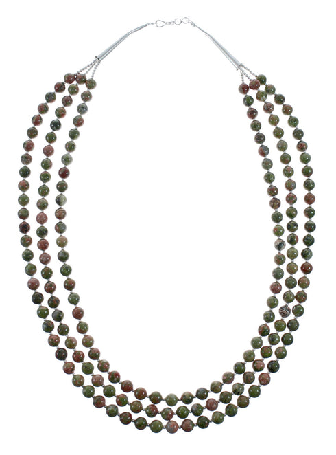 Native American Navajo Sterling Silver 3 Strand Unakite Bead Necklace AX128229