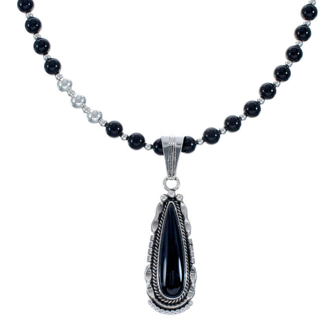 Sterling Silver Navajo Onyx Bead Necklace AX128218