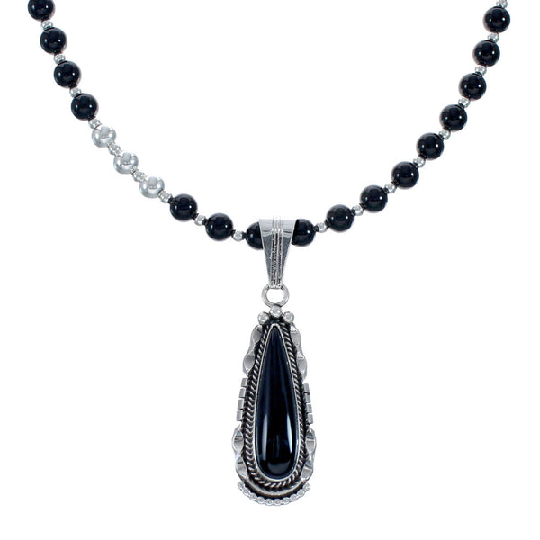 Sterling Silver Navajo Onyx Bead Necklace AX128218