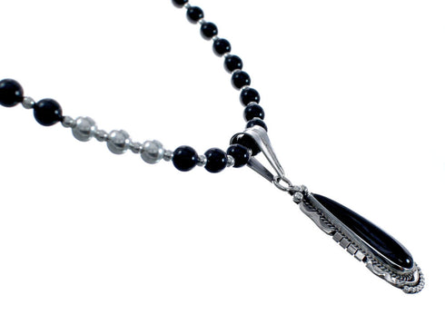 Sterling Silver Navajo Onyx Bead Necklace AX128218