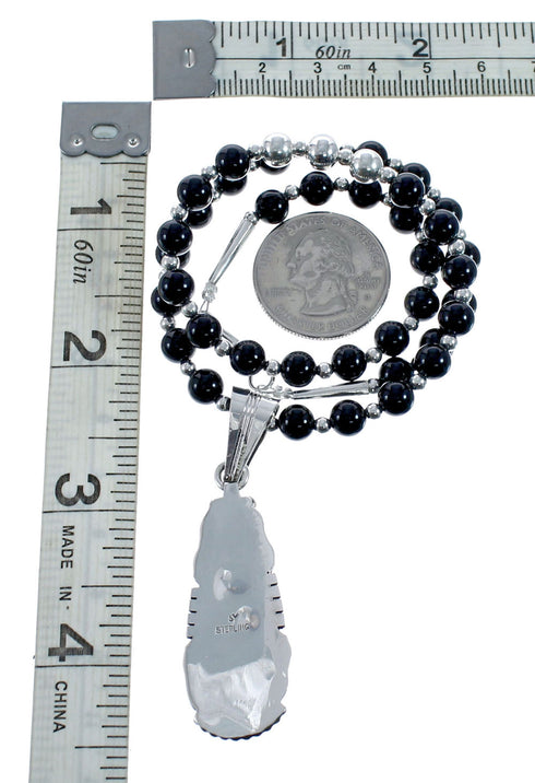 Sterling Silver Navajo Onyx Bead Necklace AX128218
