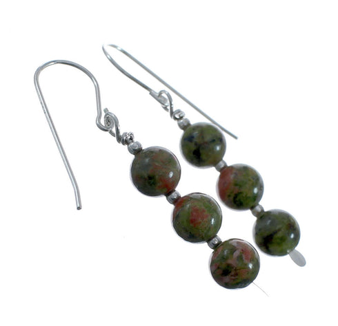 Native American Unakite Sterling Silver Bead Hook Dangle Earrings AX128223