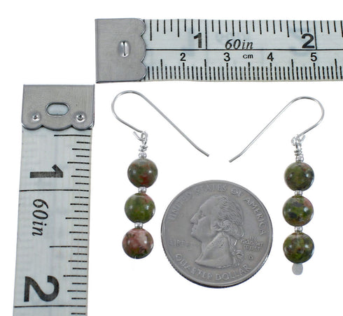 Native American Unakite Sterling Silver Bead Hook Dangle Earrings AX128223