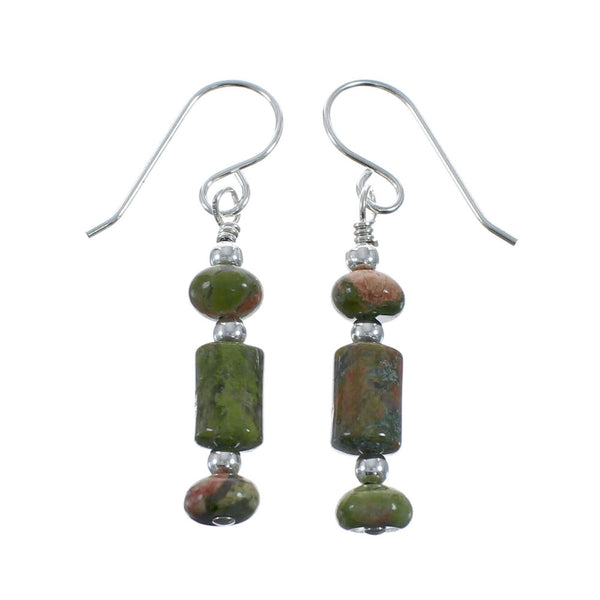 Native American Unakite Sterling Silver Bead Hook Dangle Earrings AX128225