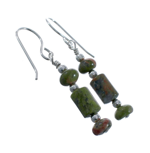 Native American Unakite Sterling Silver Bead Hook Dangle Earrings AX128225
