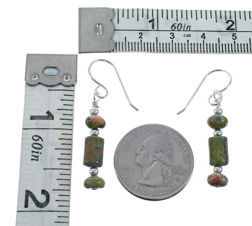 Native American Unakite Sterling Silver Bead Hook Dangle Earrings AX128225