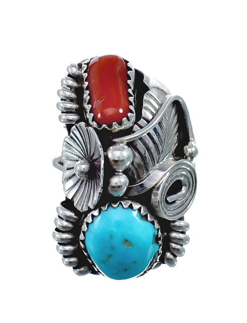 Authentic Sterling Silver Navajo Turquoise Coral Leaf Design Ring Size 6 AX128330