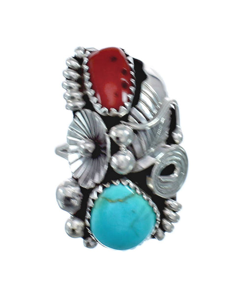 Authentic Sterling Silver Navajo Turquoise Coral Leaf Design Ring Size 5-1/4 AX128331