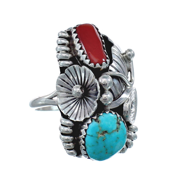 Authentic Sterling Silver Navajo Turquoise Coral Leaf Design Ring Size 8-1/2 AX128332