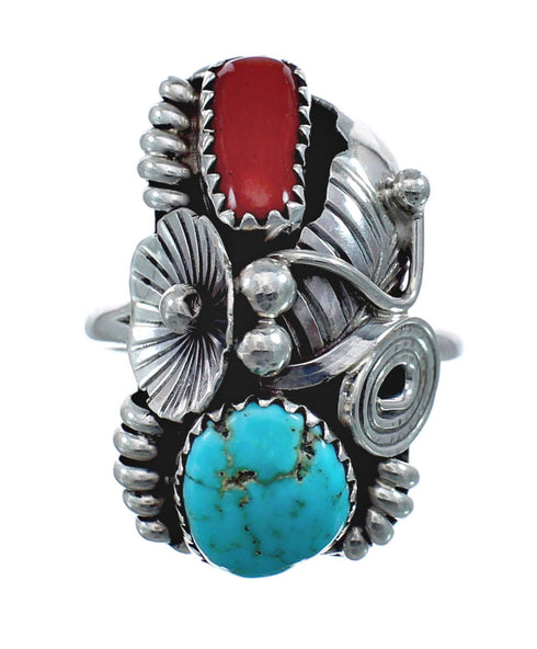 Authentic Sterling Silver Navajo Turquoise Coral Leaf Design Ring Size 8-1/2 AX128332