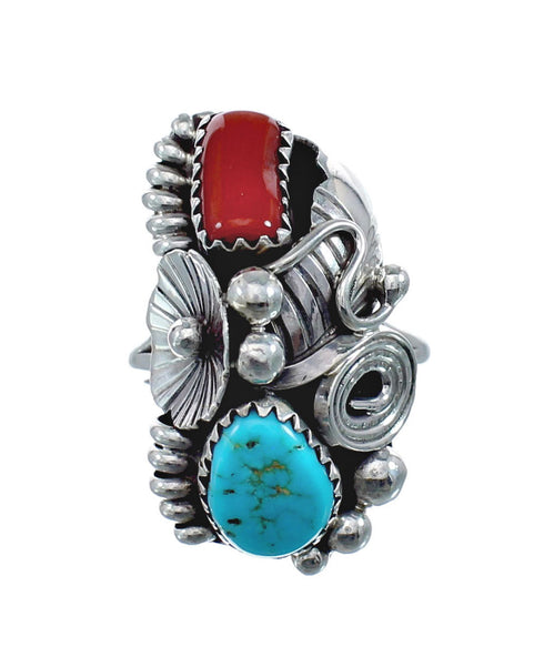 Authentic Sterling Silver Navajo Turquoise Coral Leaf Design Ring Size 6 AX128333