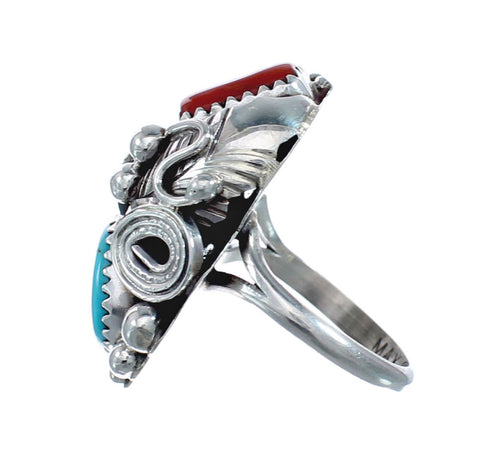 Authentic Sterling Silver Navajo Turquoise Coral Leaf Design Ring Size 6 AX128333