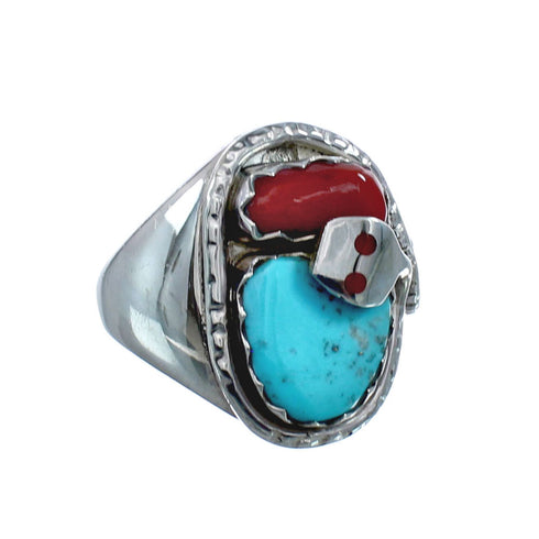 Genuine Sterling Silver Zuni Snake Turquoise Coral Ring Size 8-1/2 AX128341