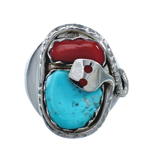Genuine Sterling Silver Zuni Snake Turquoise Coral Ring Size 8-1/2 AX128341