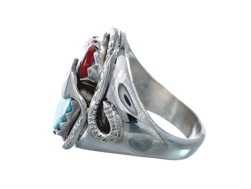 Genuine Sterling Silver Zuni Snake Turquoise Coral Ring Size 8-1/2 AX128341