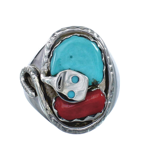Genuine Sterling Silver Zuni Snake Turquoise Coral Ring Size 9 AX128342