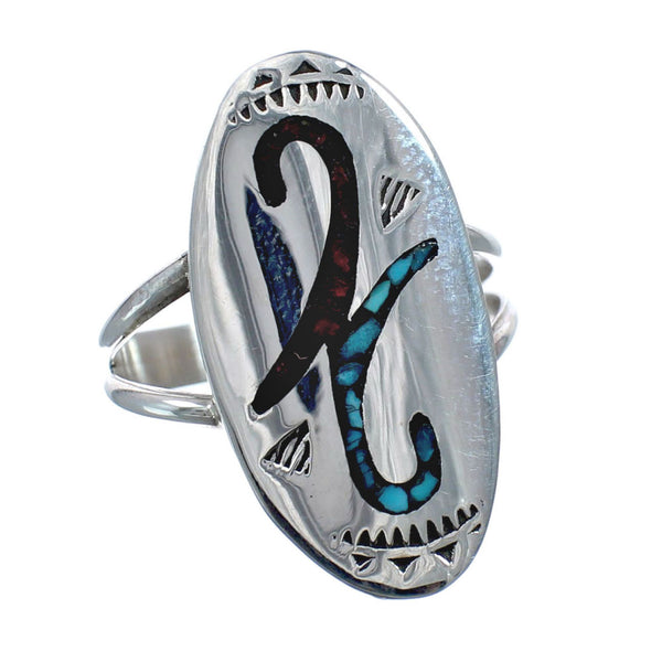 Sterling Silver Coral Turquoise Inlay Navajo Ring Size 8 AX128386