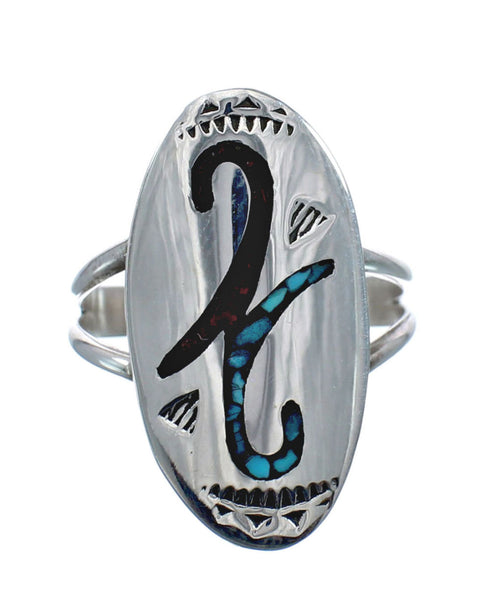 Sterling Silver Coral Turquoise Inlay Navajo Ring Size 8 AX128386