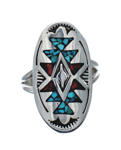 Sterling Silver Coral Turquoise Inlay Navajo Ring Size 6-1/4 AX128387