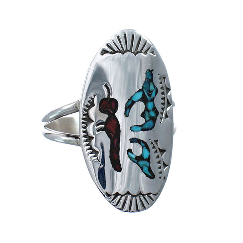 Sterling Silver Coral Turquoise Inlay Navajo Ring Size 9 AX128389