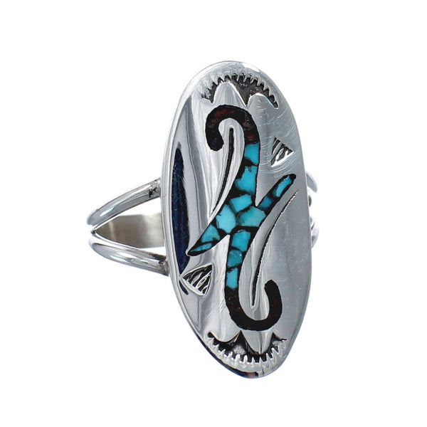 Sterling Silver Coral Turquoise Inlay Navajo Ring Size 7-3/4 AX128390