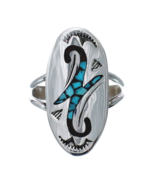 Sterling Silver Coral Turquoise Inlay Navajo Ring Size 7-3/4 AX128390