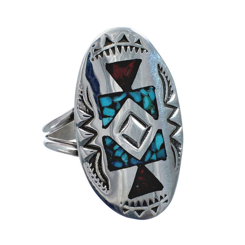 Sterling Silver Coral Turquoise Inlay Navajo Ring Size 6-1/4 AX128395