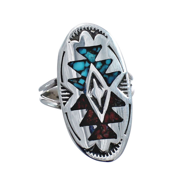 Sterling Silver Coral Turquoise Inlay Navajo Ring Size 6 AX128405