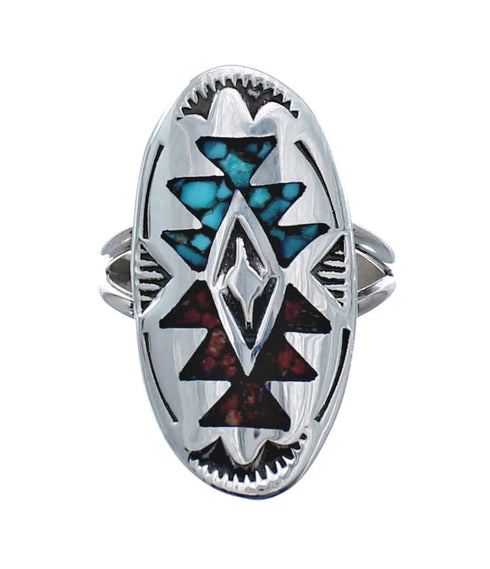 Sterling Silver Coral Turquoise Inlay Navajo Ring Size 6 AX128405