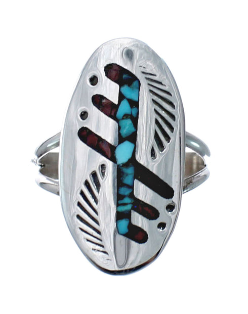 Sterling Silver Coral Turquoise Inlay Navajo Ring Size 7-1/4 AX128408