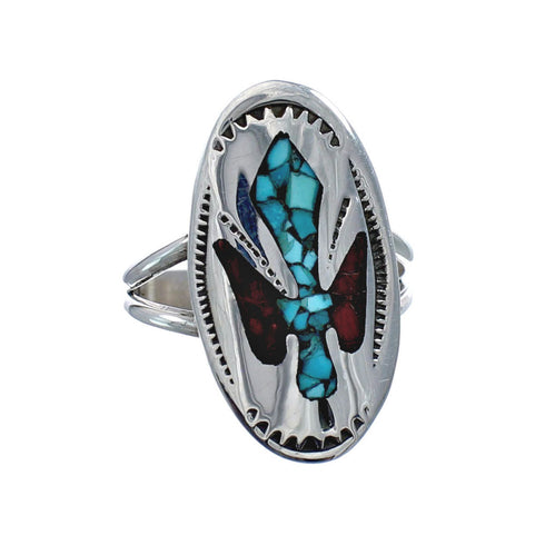 Sterling Silver Coral Turquoise Inlay Navajo Ring Size 8-1/4 AX128412