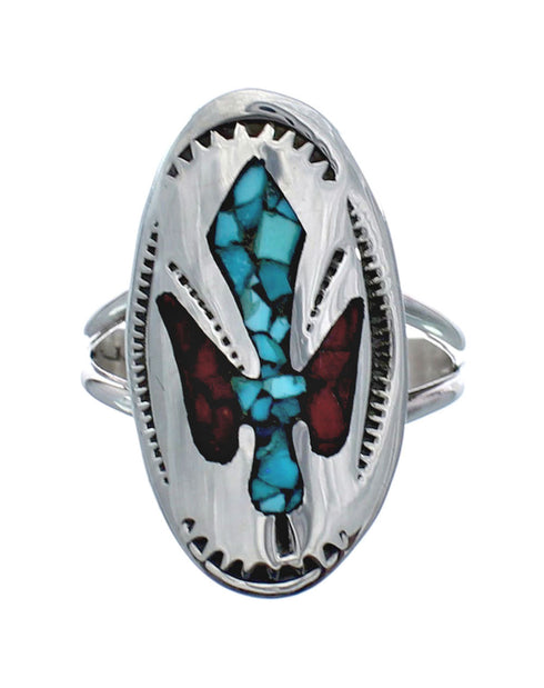 Sterling Silver Coral Turquoise Inlay Navajo Ring Size 8-1/4 AX128412