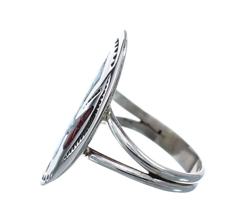 Sterling Silver Coral Turquoise Inlay Navajo Ring Size 8-1/4 AX128412