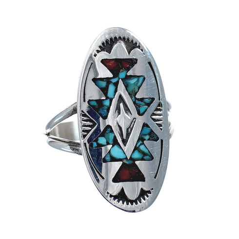 Sterling Silver Coral Turquoise Inlay Navajo Ring Size 8 AX128416